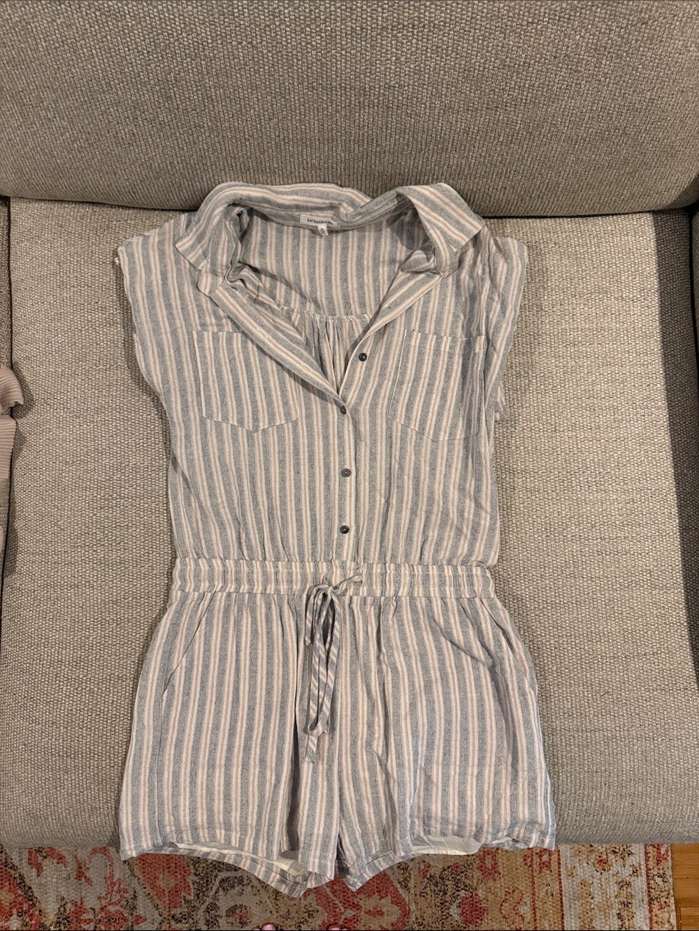 Heartloom Blue and White Striped Sleeveless Linen-Blend Romper